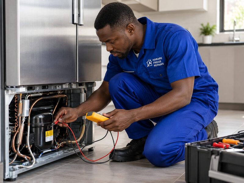 Technician testing the compressor of a stainless steel commercial fridge