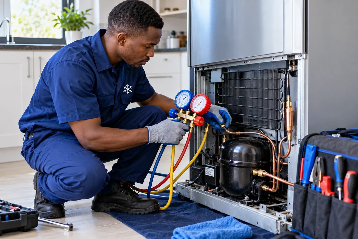Technician regassing a fridge with manifold gauges in Harare